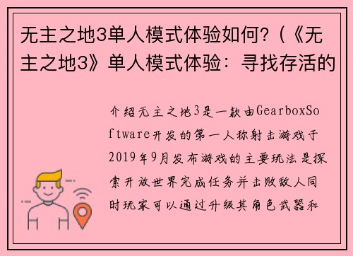 无主之地3单人模式体验如何？(《无主之地3》单人模式体验：寻找存活的机会)